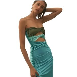 Twist-Front Turquoise Bandeau Strapless Tube Cut-Out Dress Blue Green Maxi $148